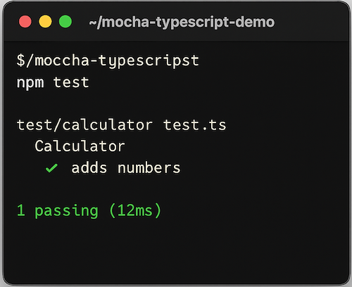 A screenshot of Mocha test output in the terminal, showing a passing test case.
