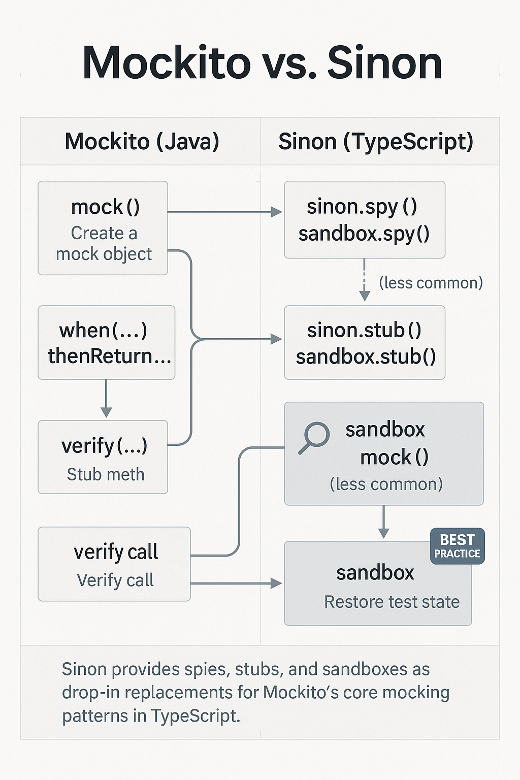 A diagram showing how Mockito’s mock, when, and verify patterns in Java map to Sinon spies, stubs, and sandboxing in TypeScript. The arrows connect similar concepts between the two frameworks.