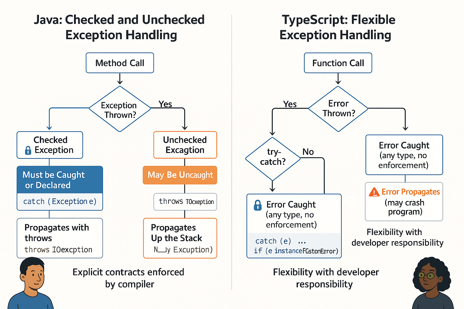 Side-by-side flowcharts of exception propagation in Java vs. TypeScript, highlighting checked vs. unchecked handling.